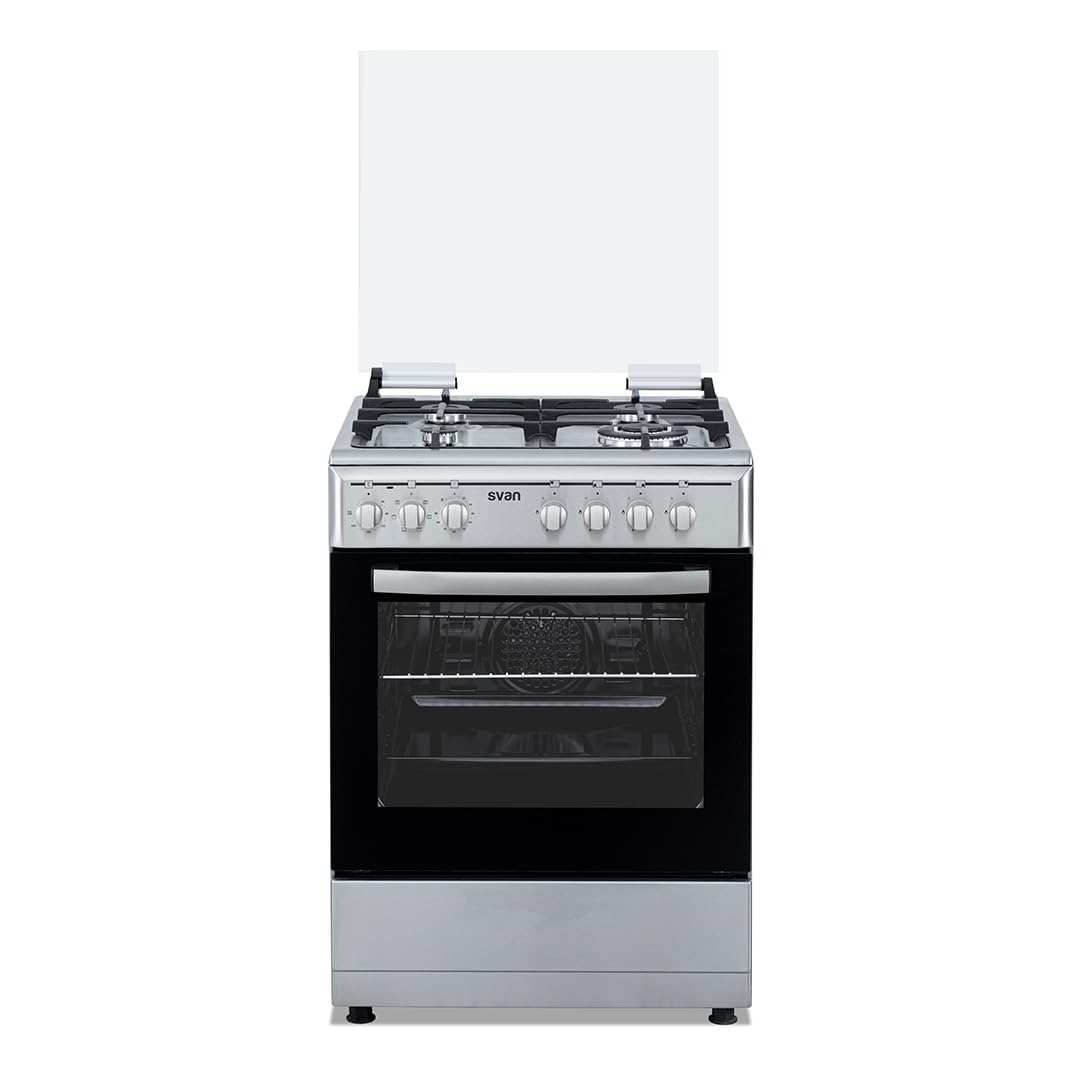 Svan Cocina Mixta Gas Butano, 4 Zonas de Cocción, Horno 56 L, Inox, SKMW4601X. Control Manual, Quemador WOK Triple Llama, 6 Programas de Cocción, Compartimento Bombona, Cristal en Puerta Doble Capa, T