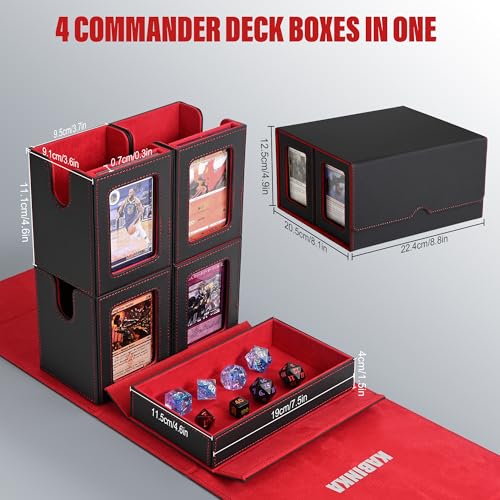 Image of Kabinka Card Deck Box for MTG Commander, Holds 400+ Double-Sleeved Cards, 5 IN 1 Detachable Card Case with Dice Tray, Fits Magic /TCG Cards, 4 Magnetic Card Holders & Dividers (Black Red)