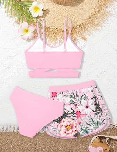 Image of Girls Swimsuit 3 Piece Bathing Suit Criss Cross Bikini Set Girls' Swimwear with Shorts 7-16T