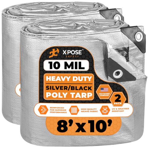 Image of Heavy Duty Poly Tarp - 8' x 10' (2-Pack) - 10 Mil Thick Waterproof, UV Blocking Protective Cover - Reversible Silver and Black - Laminated Coating - Grommets - by Xpose Safety