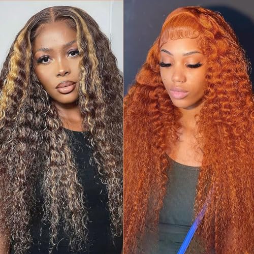 Highlight Ombre 13x4 Deep Wave Lace Front Wigs 22 Inch+Ginger Orange 13x4 Deep Wave Lace Front Wigs 26 Inch