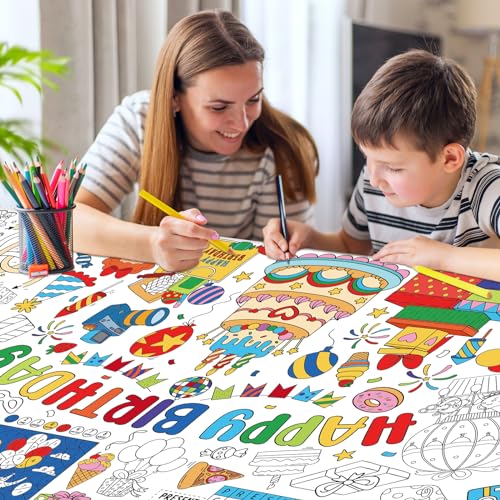 Image of Happy Birthday Giant Coloring Poster for Kids 30x72 Inch, Birthday Large Coloring Poster Tablecloth, Birthday Themed Color-in Activities Games for Kids School Classroom Home Party Supplies Decorations
