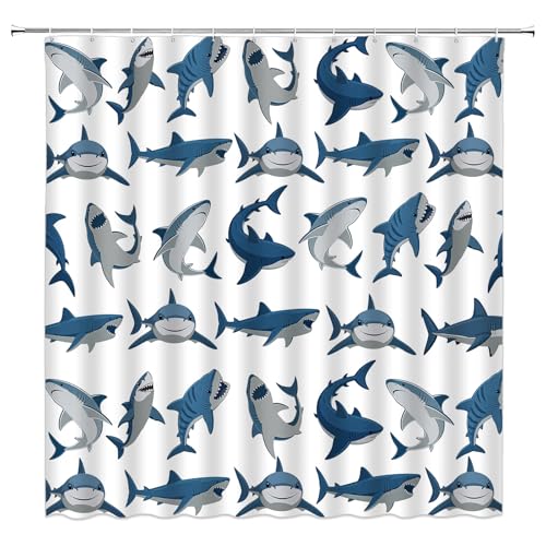 GCTNBJL Shark Shower Curtain Ocean Animal Shark Open The Mouth Fish Sea Marnie Underwater Nautical Bathroom Curtain with Hooks Blue Gray White 70 W x 70 H