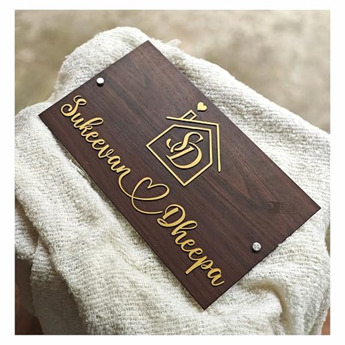 Image of Custom Wooden Name Plate for Home | Personalized Acrylic 3D Golden Letter Name Board | Waterproof, Wall Mount House Name Plate for Main Door | Modern Brown Wood Texture - 16 x 8 Inch