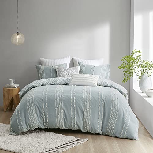 Image of INK+IVY 100% Cotton Comforter Set Trendy Stripe Textured Design, Modern Down Alternative, All Season Cozy Bedding with Matching Shams, Full /Queen, Aqua Reversable Stripes