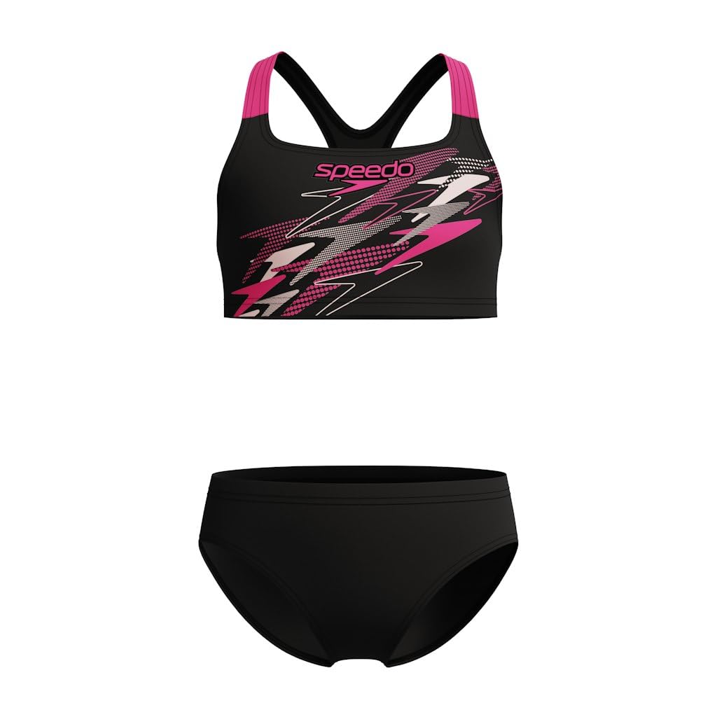 Speedo Girls Medley Logo Racerback Two Piece Swimsuit Swimming Costume Anthracite/Margarita Pink Size 9-10 Years