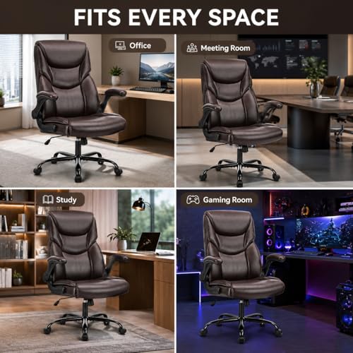 Image of Ergonomic PU Leather Office Chair - Executive Computer Desk Chair with Lumbar Support & Wide Seat, Adjustable Height Task Chair with 360 Swivel & Quiet Wheels for Home Office, Gaming, Brown