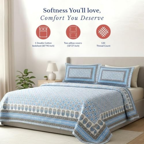 Image of Jaipur Weaves Jaipuri Double Bed Cotton Bedsheet Queen Size 90x85, 120 TC 100% Pure Cotton Bed Sheet with 2 Pillow Covers, Floral Traditional Print (Motifs Blue, Double)