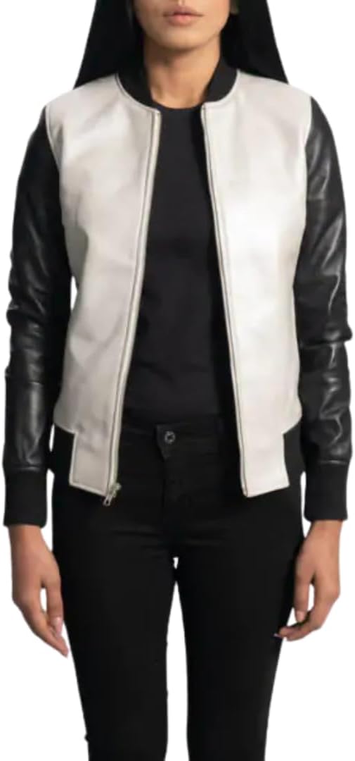 Women's Two-Tone Leather Sleeve Bomber Jacket – Black & White Zip-Up with Ribbed Collar & Cuffs