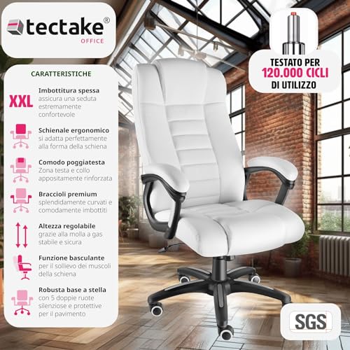 ® Sedia Ufficio, Imbottitura 12 cm, Sedia scrivania con Poggiatesta e Braccioli, Base con Rotelle, Sedia ergonomica con altezza regolabile, Inclinazione Continua, Poltrona Ufficio - Bianco - Sedia gaming - Immagine 2