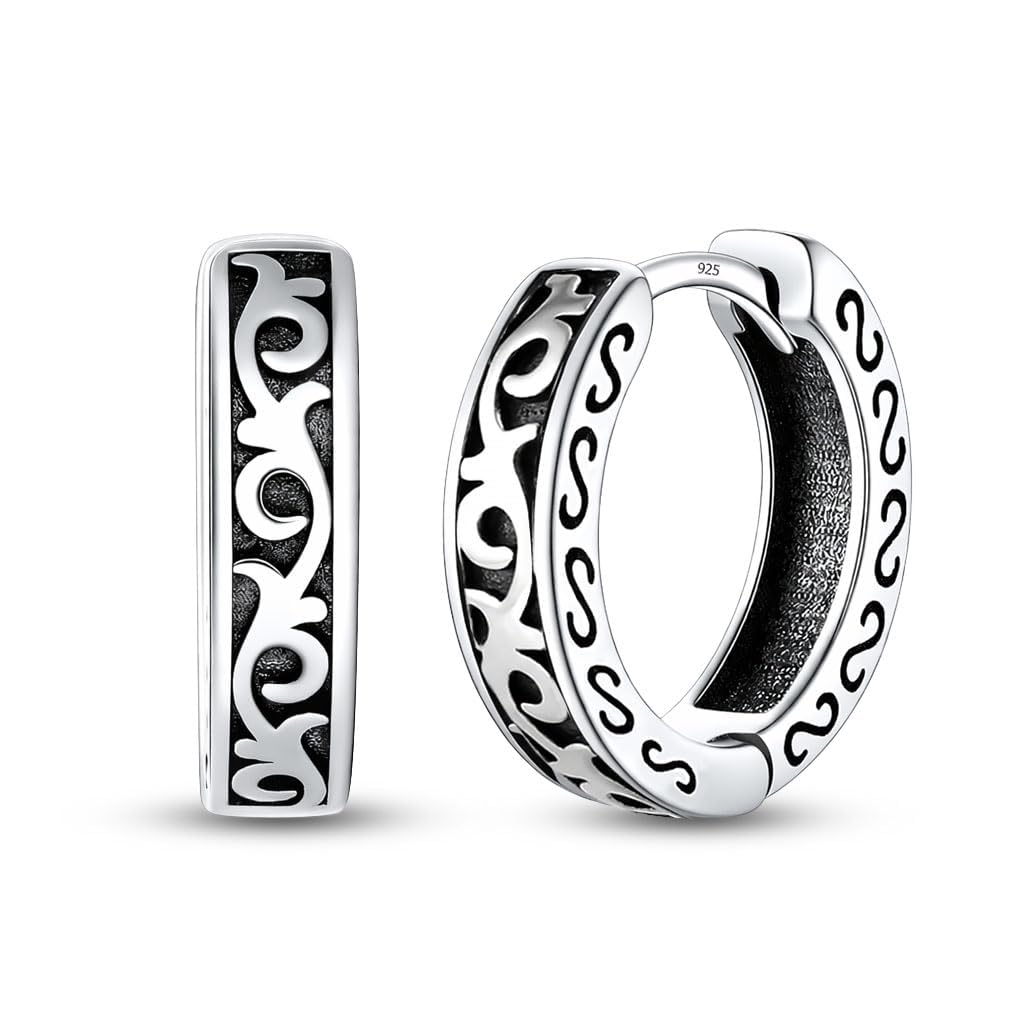 925 Sterling Silver Engraved Huggie Hoop Earrings for Men | BIS Hallmarked Vintage Scroll Pattern Oxidized Hoop Earrings | Hinged Click Closure Minimalist Everyday Jewelry for Men 15MM Gift Ready New-image-20