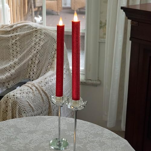 Image of Flameless Taper Candles Flickering with Remote and Timer, 3D Moving Flame Taper Candle Battery Operated to 400 Hours, 9 Inch Window Candles, (Glittter Red)