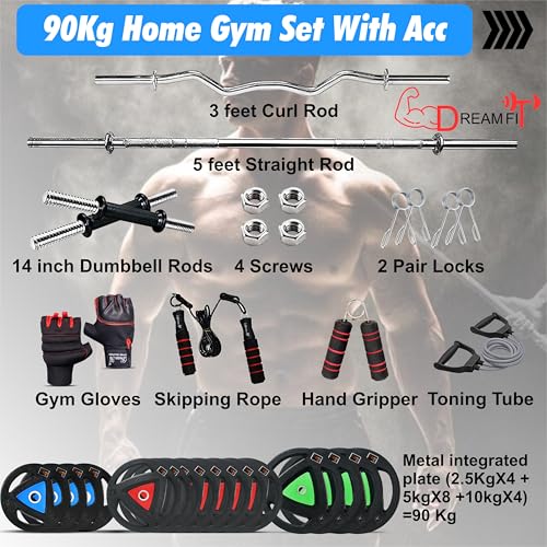 Image of DREAM FIT Rubber Coated Metal Integrated Weight Plates 90Kg Professional Home Gym Combo with 23mm 3ft curl rod, 23mm 5ft straight rod, 1 pair dumbbell rods with steel nuts and gym accessories (90kg set)
