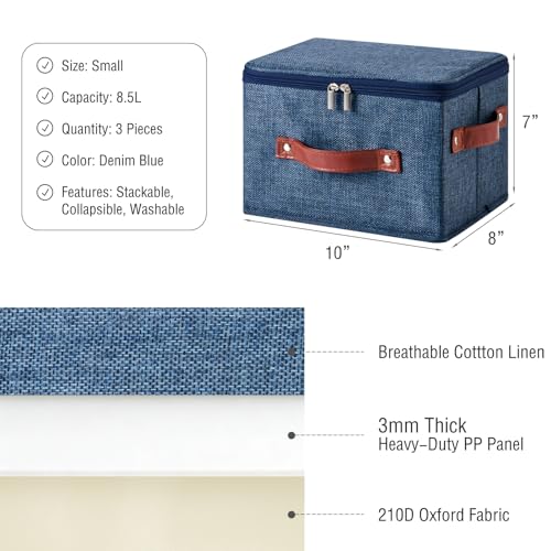 Image of 3PCS Storage Bins Boxes with Zippered Lids Cotton Linen Fabric Decorative Basket PU Leather Handles PP Plastic Board Foldable Lidded Shelf Closet Organizer Container (Denim Blue, Small)