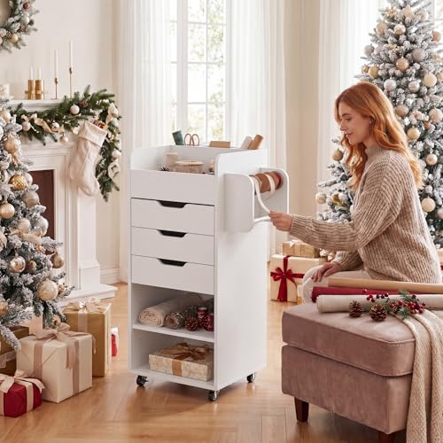 Image of Tangkula Rolling Storage Cart with Drawers, Wooden Drawer Cart w /Lockable Casters, Utility Storage Cart w /3 Shelves, Slots & Dowels, Mobile Organizer Cabinet on Wheels for Room Office Work Study