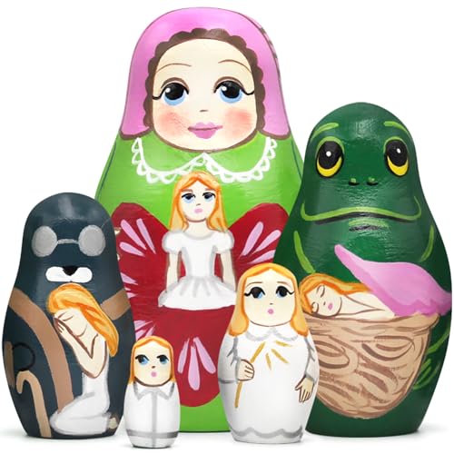 AEVVV Thumbelina Fairy Nesting Dolls Set 5 pcs - Russian Wooden Matryoshka - Handmade and Hand Painted Baboushka Nesting Dolls