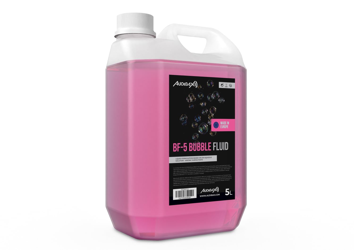 Audibax BF-5 Bubble Fluid - Liquido de Burbujas para Máquina de Burbujas de 5 litros - Líquido Natural - Seguro para Respiración y Sin Químicos Peligrosos - Cruelty Free - Discotecas y Fiestas