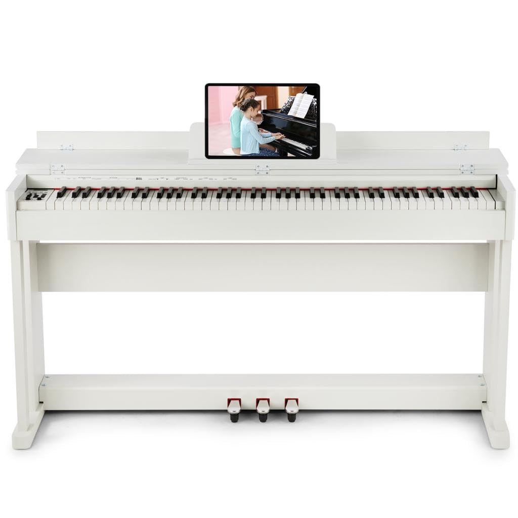 MUSTAR Digital Piano 88 Weighted Keys Hammer Action, Full Size 88 Keys Piano Keyboard Weighted White Electric Piano with Furniture Stand, 3 Pedal Systems, Dual Stereo Speakers