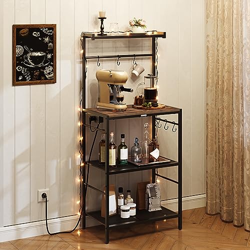 MAHANCRIS Bakers Rack with Charging Station, 4-Tier Microwave Stand, Storage Shelves with 6 S-Shaped Hooks, Practical Coffee Bar, for Kitchen, Dining Room, Rustic Brown BRHR35E01 - Image 6