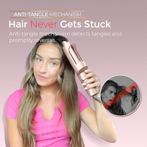 Image of TYMO CurlPro Plus Automatic Rotating Curling Iron - Upgraded Long Barrel Curling Wand for Long Hair, Ceramic Hair Curler for Women, Anti-Scald, Tangle-Free, 600M Ionic, Dual Voltage,Gold Blush, 1 Inch