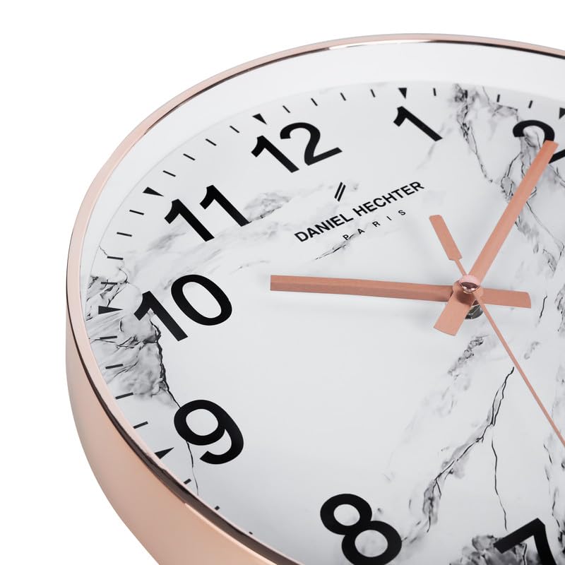 Image of Daniel Hechter Paris Moselle Collection Wall Clock, Silent Sweep Non-Ticking, 12 inch(30cm) HD Glass White Marble Dial, Rose Gold Plastic Frame, Modern Decorative Clock for Home & Office - DHCL1003