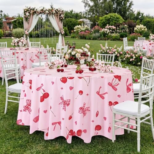 Image of Ganeen 6 Pcs Cherry Plastic Tablecloth 84 Inch Cherry Bow Round Tablecloths Birthday Decor Disposable Plastic Round Waterproof Table Covers for Holiday Weeding Tea Decoration Party Favor