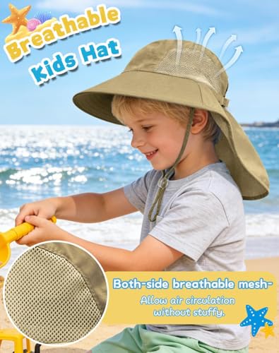 Image of Rosoz Kids Sun Hat with Neck Flap UV Protection Summer Toddler Beach Hat Unisex Ponytail Hat Wide Brim Fishing Hat