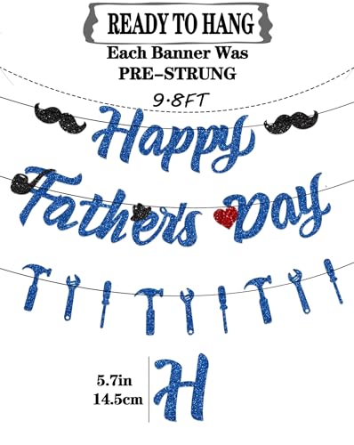 Image of Pre-Strung Happy Fathers Day Banner Party Decorations, NO DIY Glitter Fathers Day Banner with Household Tools Garland for Step Dad Grandpa Papa Home Indoor Mantel Wall Room Photo Props Backdrop Decor