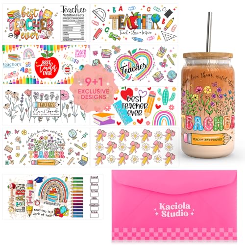 Image of Kaciola 9 Sheets UV DTF Cup Wraps for 16 oz- Teacher Theme UV DTF Stickers, 1 Sheet Mysterious Pattern Transfer, Rub on Transfers Stickers for 16 oz Libbey Glasses Crafting