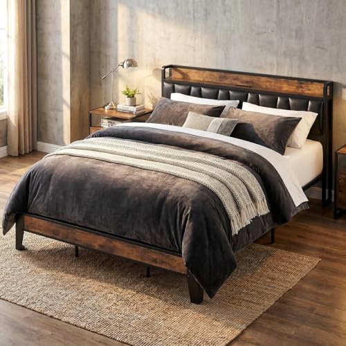 Image of LIKIMIO King Bed Frame, Storage Headboard with Charging Station, Solid and Stable, Noise Free, No Box Spring Needed, Easy Assembly (Vintage and Black)