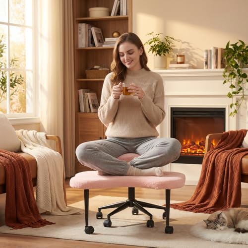 Image of Pinmoco Pink Criss Cross Chair with Heart Shaped Backrest, 31.5 inch Cross Legged Office Chair with Teddy Fleece, Armless Swivel Desk Chair for Home Office, Vanity & Reading, Adjustable Height