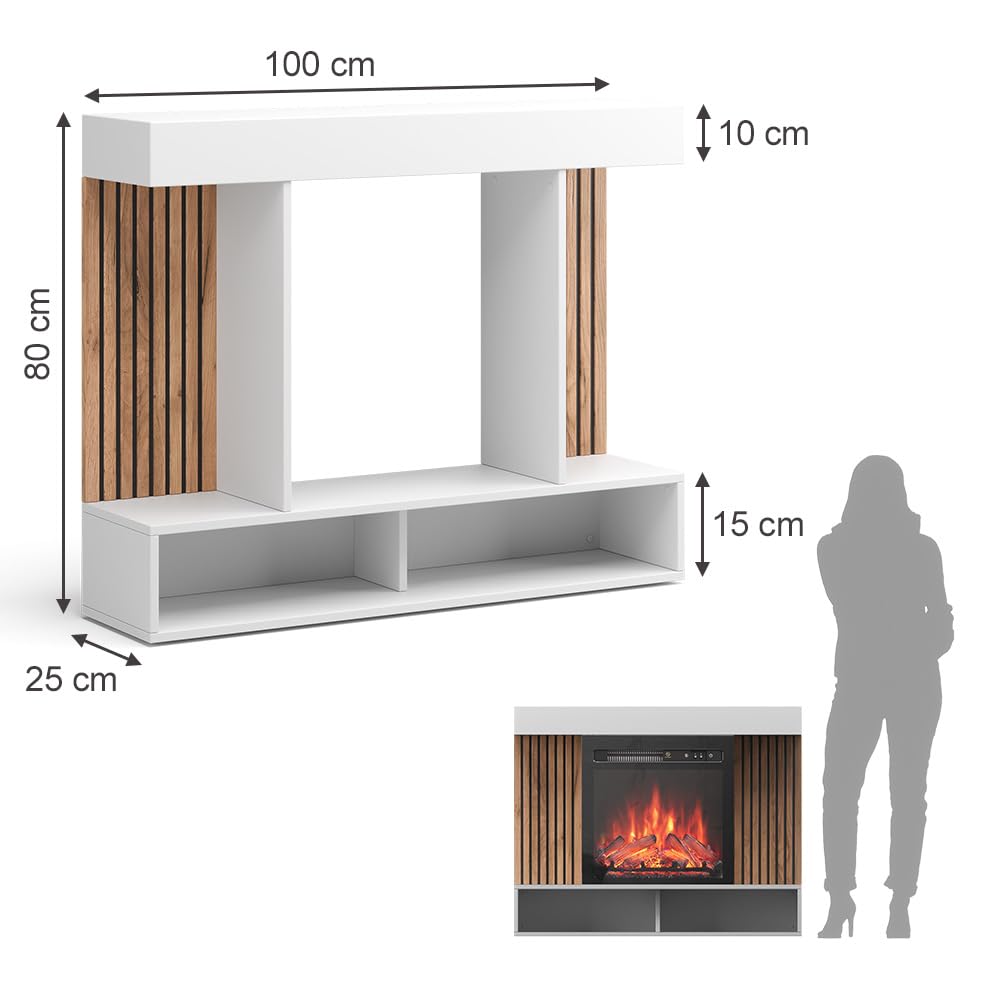 Vicco Kominek elektryczny "Lynea", Biały, 100 cm | z realistycznym efektem płomienia i grzałką o mocy 1800 W, utilisable en montage mural ou en pose libre