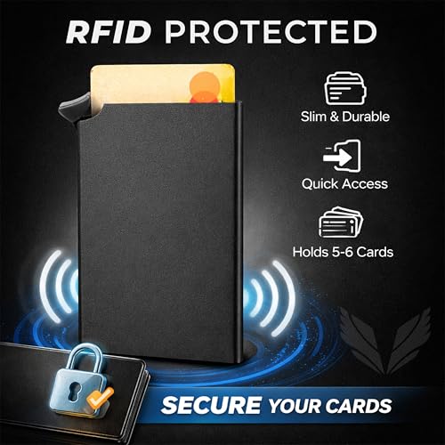 Image of VOGARD Slim RFID Card Wallet for Men & Women - Metal Minimalist Card Holder with Quick Access Button | Holds 5-6 Cards | Front Pocket Compact RFID Blocking Wallet (Black)