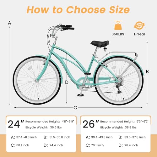 Image of MOONCOOL Beach Cruiser Bike for Women and Men, 24 /26 Inch 7-Speed Adult Bicycle, Comfortable Step-Through Frame with Rear Rack, Classic City Cruiser