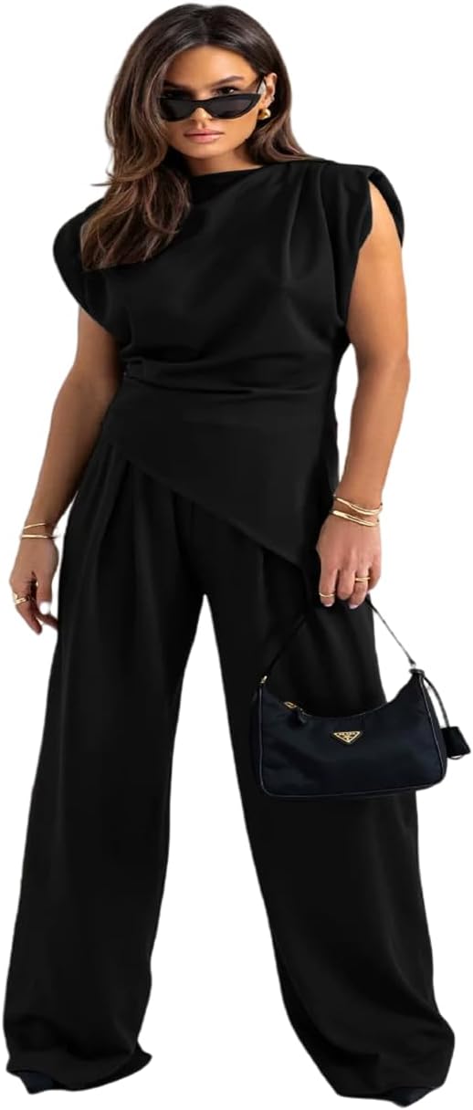Women's Round Neck Pleated Sleeveless Casual Suit Solid Color Irregular Top Wide Leg Pantsuit Business Sets 2 Piece Outfits