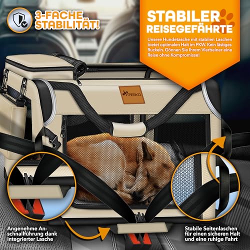 TRESKO® Hundebox faltbar inkl. Leckmatte, Spatel & Reflektoren M 61x42x42cm | Transportbox für Hunde und Katzen | Hundetransportbox Auto für kleine & große Hunde | Hundetasche robust Beige