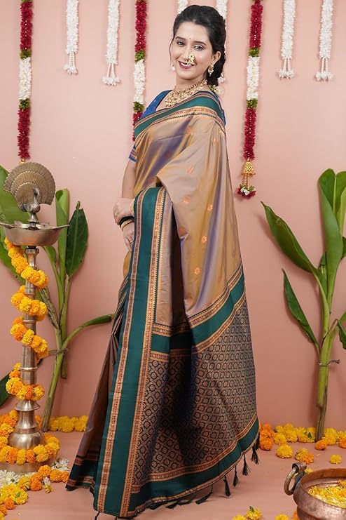 Image of Dharmavaram Pattu Paithani Saree Pure Silk Zari Weaving Floral Border Rich Pallu With Blouse Piece