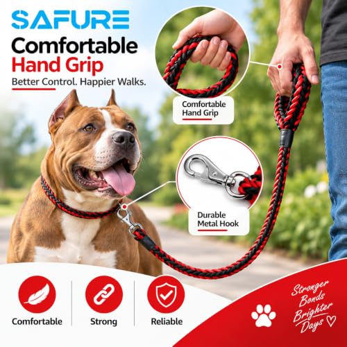 Image of Dog Leash Heavy Duty, Braided Nylon 120 cm Long and 3 cm Wide Dog Belt for Large Dogs and Medium Dogs, Walking Rope with Loop Handle and Swivel Metal Hook (Red and Black)