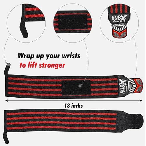 Image of RUBX Premium Wrist Wraps for Gym Workout - Adjustable Wrist Support Straps for Weightlifting, CrossFit, Powerlifting, Training - Men & Women Gym Accessories with Thumb Loop (Red)