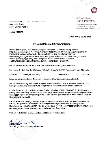 BIOMENTA Cranberry 1000 – 60 Kapseln hochdosiert - 1000 mg Cranberryextrakt + 500 mg Vitamin C/Tagesverzehr - vegan - Premiumqualität