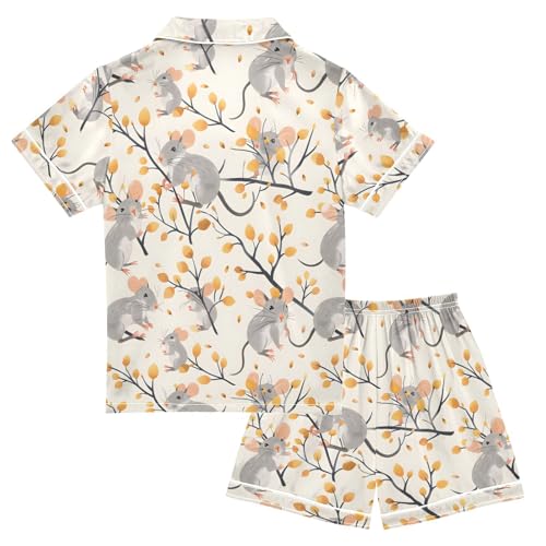 ALAZA Mouse Leaf Tree Animal Satin Pajamas Set Short Sleeve Button Down Sleepwear Summer Pjs 2 Piece2