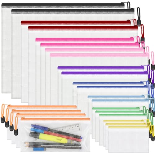 ReePlan 24 Pack Plastic Zip Wallets 9 Sizes Waterproof PVC Zip Lock Bags Organiser Bags with Colour Zips Zip Folders for Documents Office Organisation School Stationery & Travel Storage