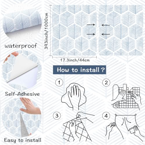 Image of OSECAGE Geometric Peel and Stick Wallpaper Blue Contact Paper 17.3''x393'' | Modern Geometric Wallpaper Self Adhesive Removable Boho Wall Paper Waterproof for Bedroom Bathroom Cabinets Decor Vinyl Roll