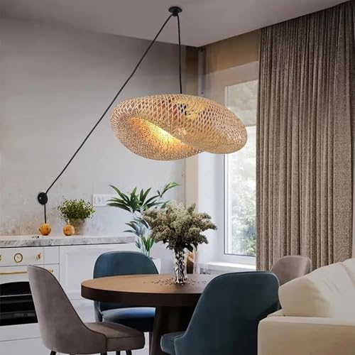 Suspension rétro en bambou pour salon, grand lustre rotin 80 cm avec interrupteur