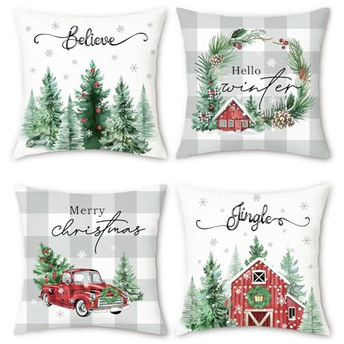 Bonhause Fundas Cojines Navidad 45 x 45 cm Funda de Almohada Pinos Copos Rojo Casas Camión Gris Cuadros Cojines Decorativos para Sofá Cama Hogar Exterior Juego de 4