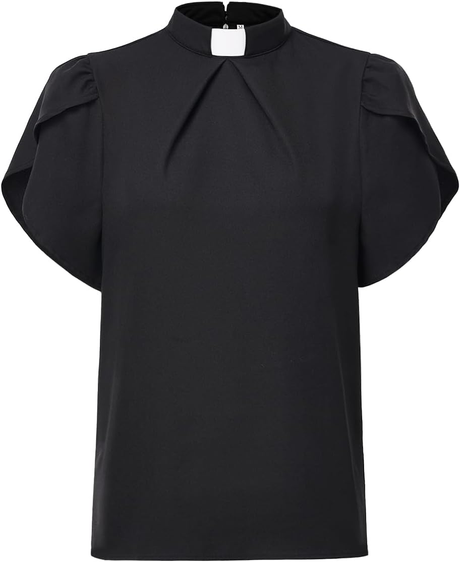 Womens Church Clergy Shirt Tab Collar Front Pleated Petal Sleeve Blouse Top - Image 4