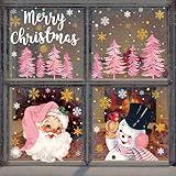 6 Sheets Christmas Window Clings Vintage Xmas Pink-Gold Santa Snowman Window Decals Double-Sided Winter Holiday Glass Decor