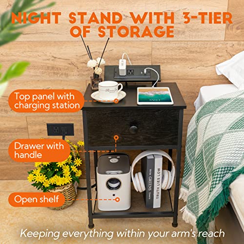 Amhancible Night Stand Set 2, Small Black Nightstand With Charging Station, End Side Tables Living Room With Usb Ports & Outlets, Slim Bedside Table With Drawers For Bedroom Het03Sdpbk #TOP5