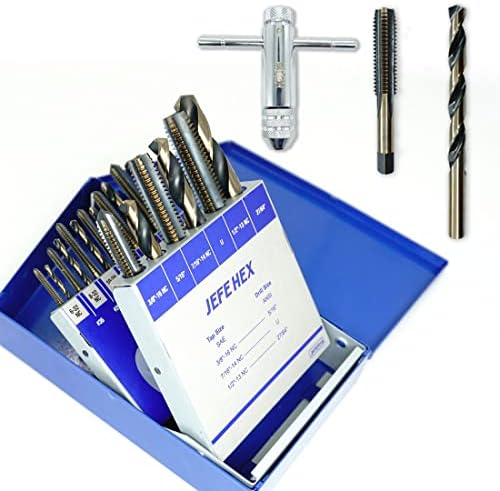 JEFE HEX 18-Piece Drill and Tap Set with 1 Piece T-Handle Ratchet Tap Wrench Capacity Range #0-1/4", Black and Gold Premium HSS Jobber Length Drill Bits and Hand Plug Taps with Metal Indexed Box