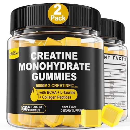 Creatine Monohydrate Gummies for Men & Women - with BCAA, Collagen Peptides, L-Taurine, Vitamin B12, D3, Chewables Creatine Monohydrate 5g Per Serving, Natural Lemon Flavor, Sugar Free, 2 Pack
